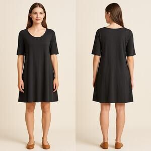 Eileen Fisher Dress Women’s Med Black Linen A-Line Swing Elbow Sleeve Minimalist